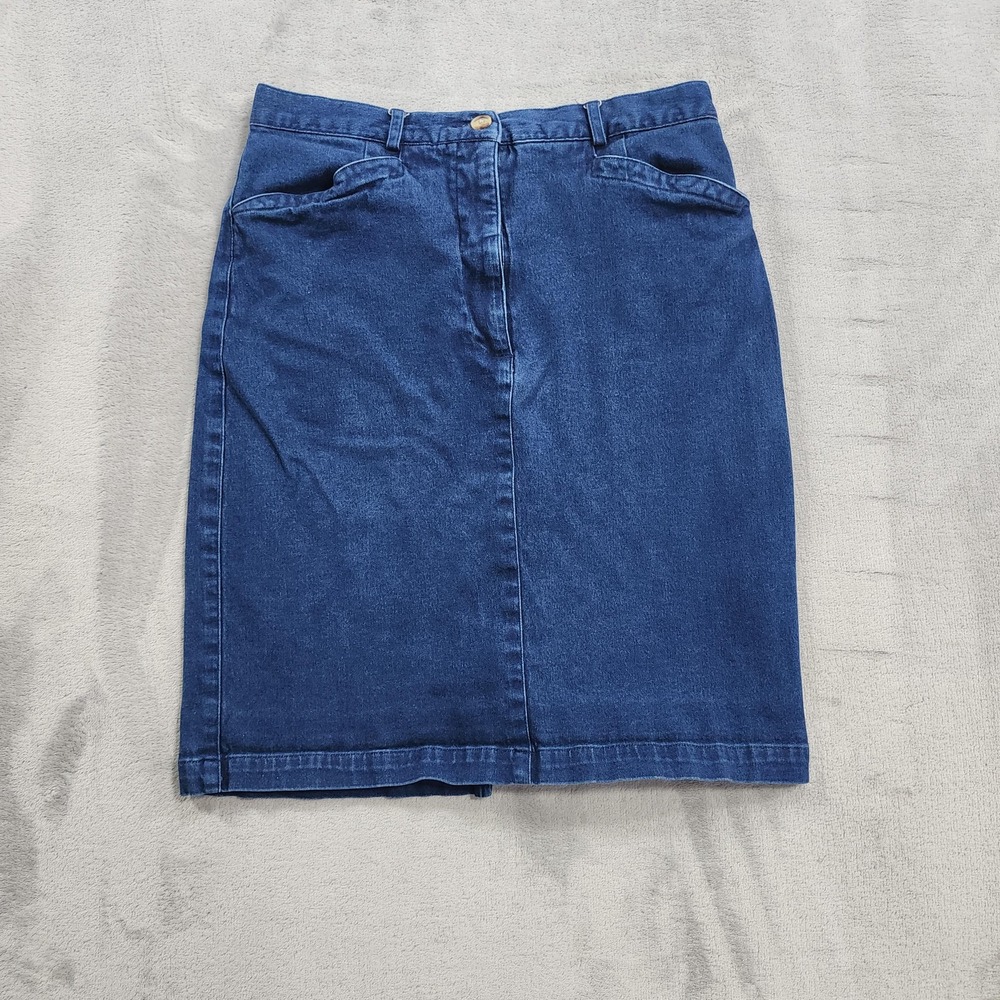 Vintage Talbots Skirt Womens 8 PETITE Blue Denim Pencil Pockets Stretch Western